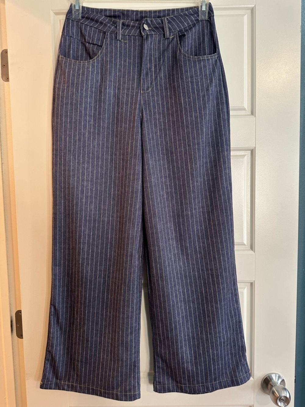 SHEIN Wide Leg, High Waist Pinstripe Jeans - Navy with White Stripes